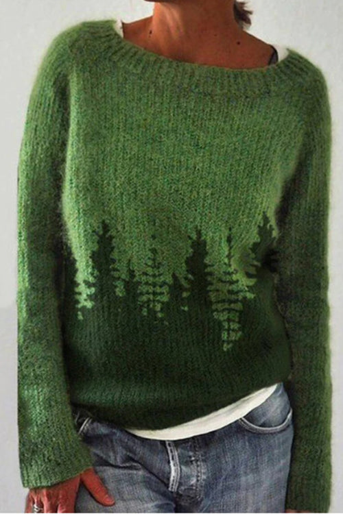 Crewneck Tree Pattern Knit Pullover Sweater(in 2 Colors)