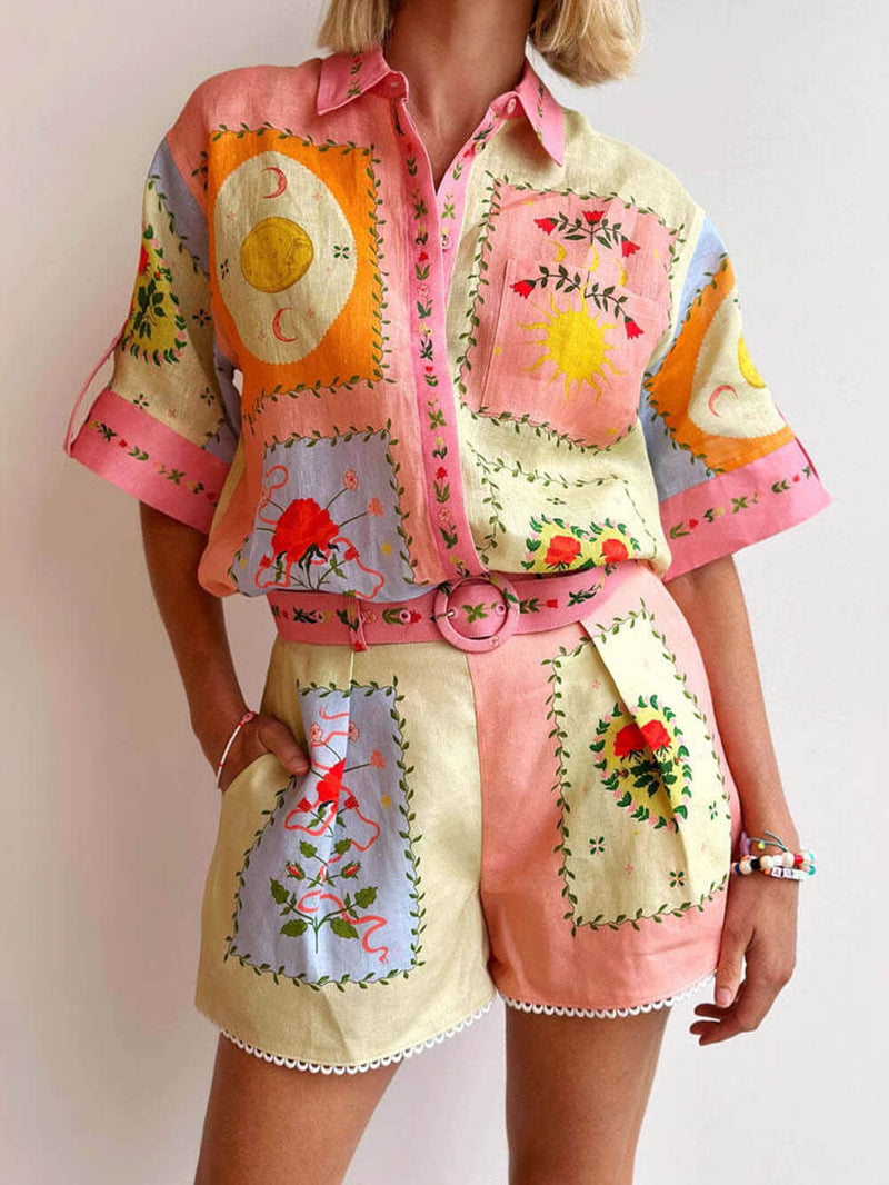 Linen Unique Print Shirt and Shorts Set