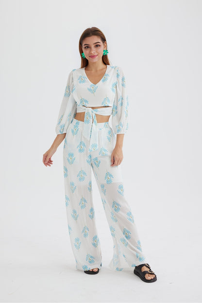 Print Puff Sleeve Knotted-front Tops Long Pants Suits