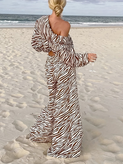Button Open Collar Loose Zebra Print Shirt Pants Set