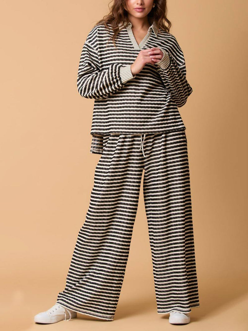Two-color Striped Long-sleeved Trousers Two-piece Set