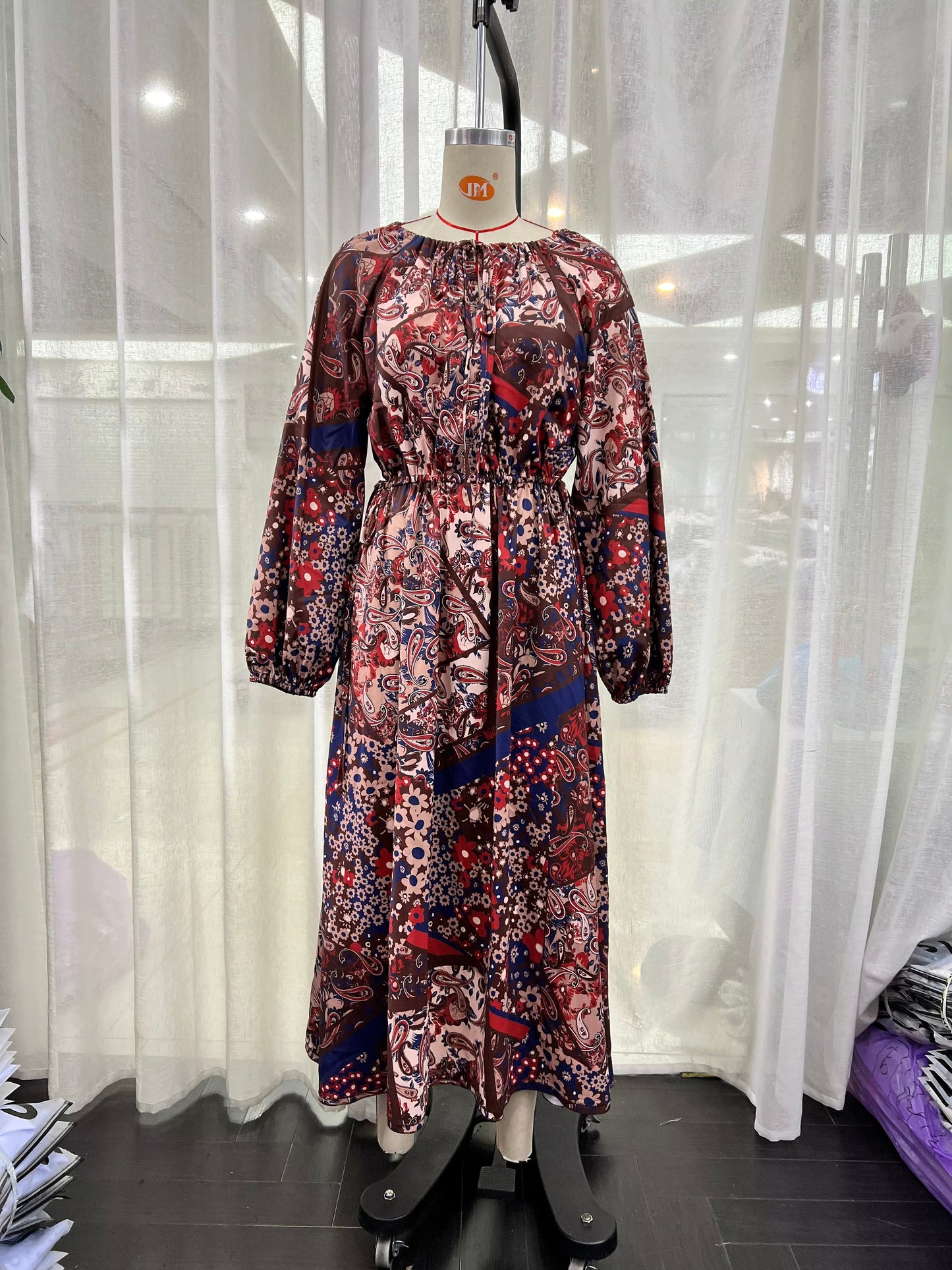 Print Round Neck Lace Up Maxi Dress