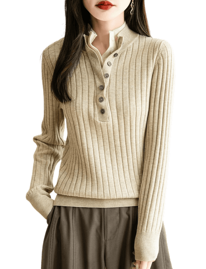 Merino Wool Blend Color Block Stand Collar Sweater