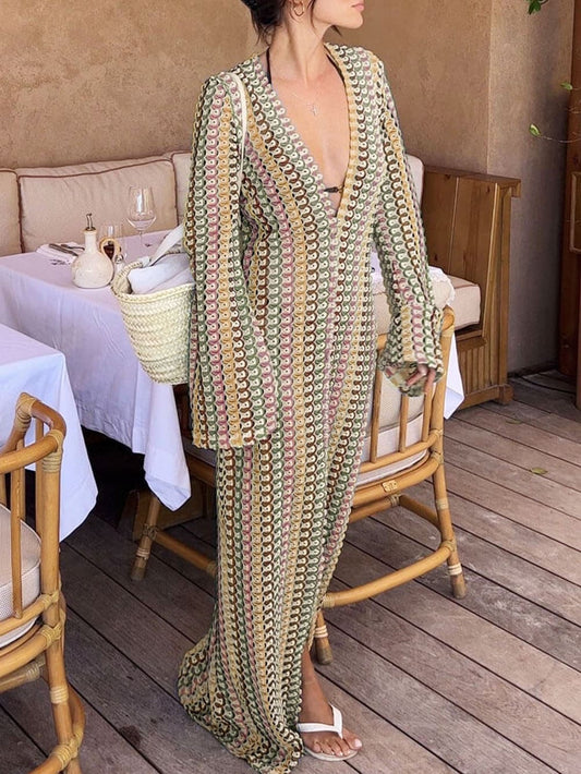 V Neck Bell Sleeve Wavy Striped Crochet Beach Vacation Maxi Dress - Brown