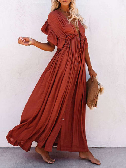 Button Cotton Linen Perfect Beach Maxi Dress