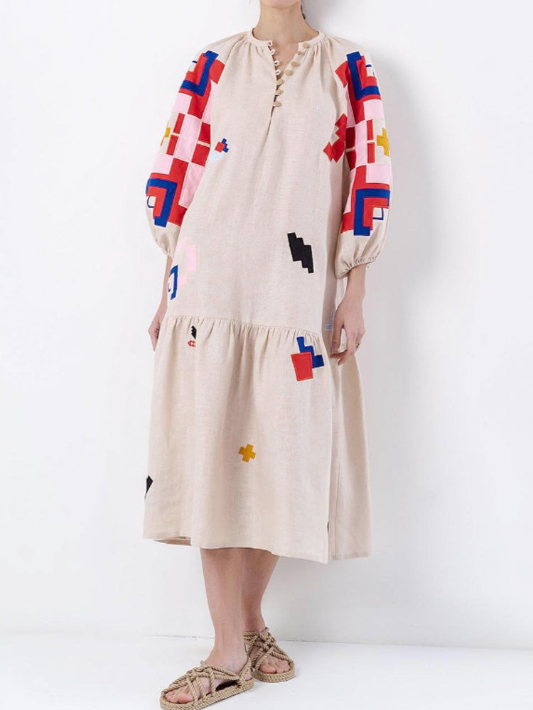 Loose Fit Printed Lantern Sleeve Dress