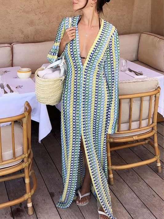 V Neck Bell Sleeve Wavy Striped Crochet Beach Vacation Maxi Dress - Yellow
