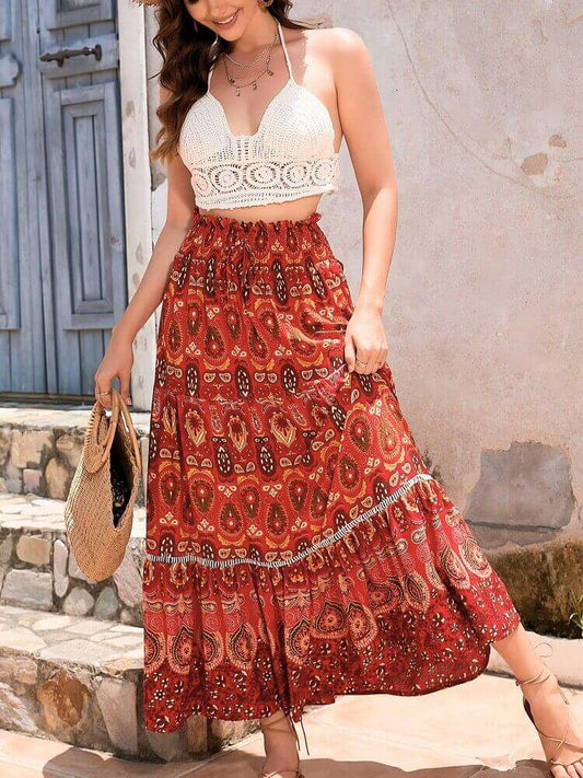 Shirred High Waist Skirt in Red