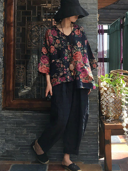 V-neck Long Sleeve Cotton Blouse Shirt Oo1030
