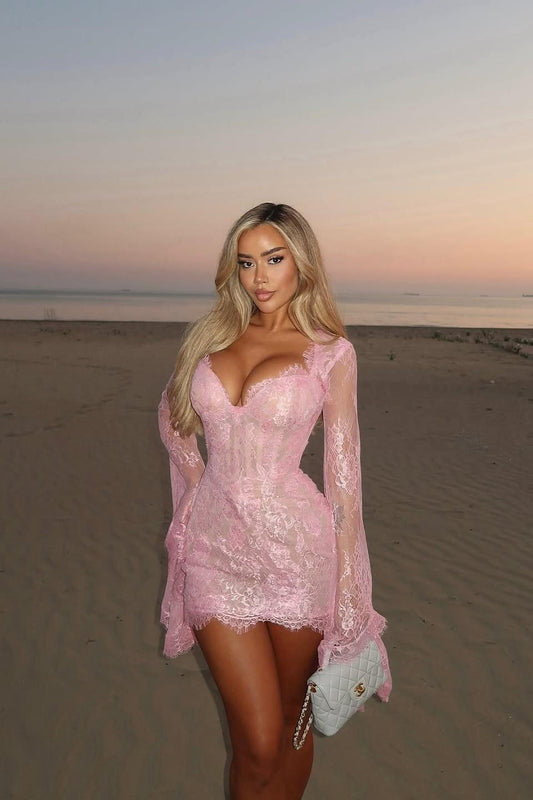 Whispers of Blush Lace Bell-sleeve Mini Dress