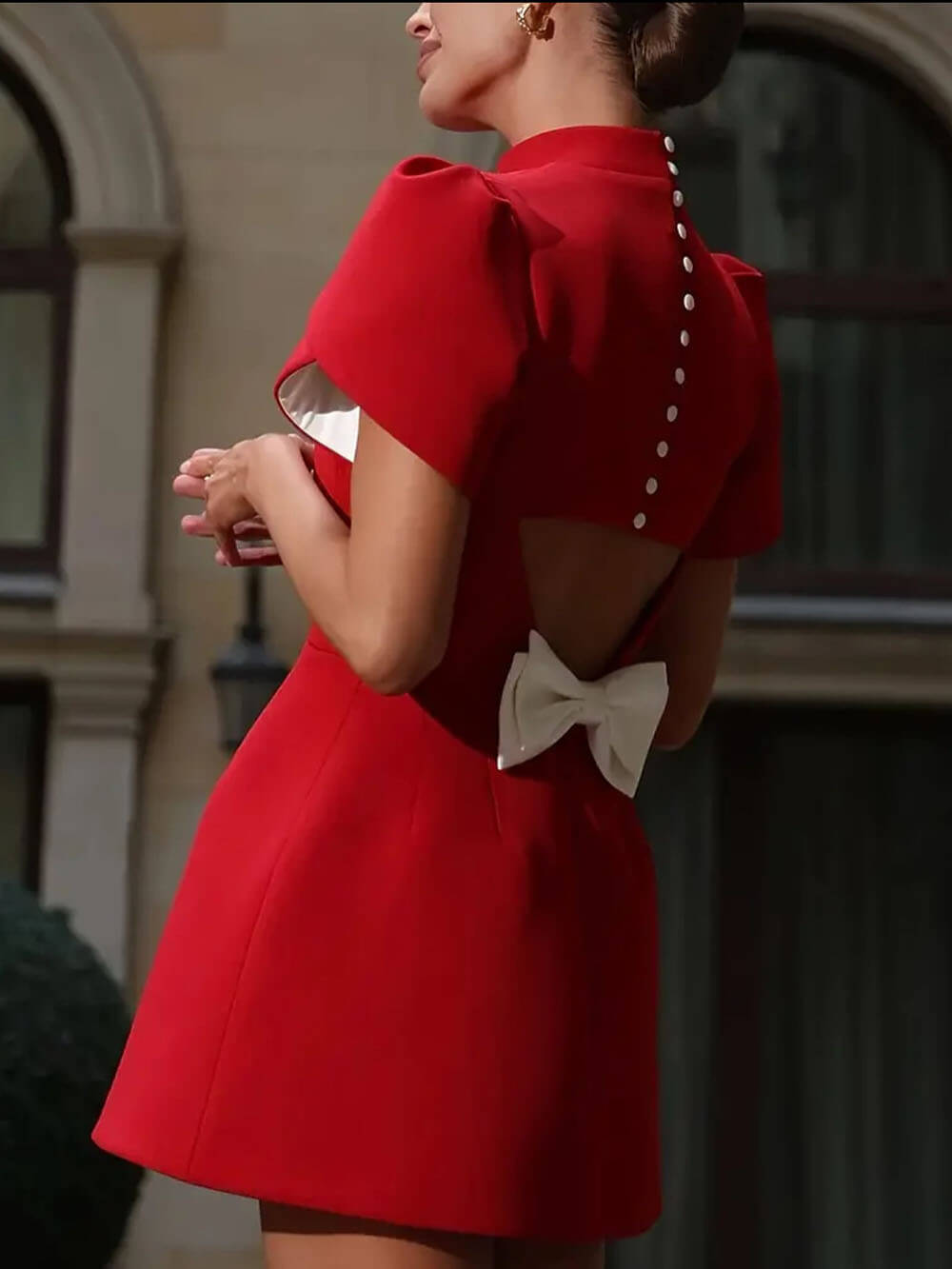 Sweet Moment Slit Short Sleeve Backless Bow Mini Dress