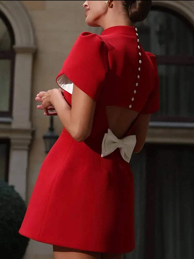 Sweet Moment Slit Short Sleeve Backless Bow Mini Dress