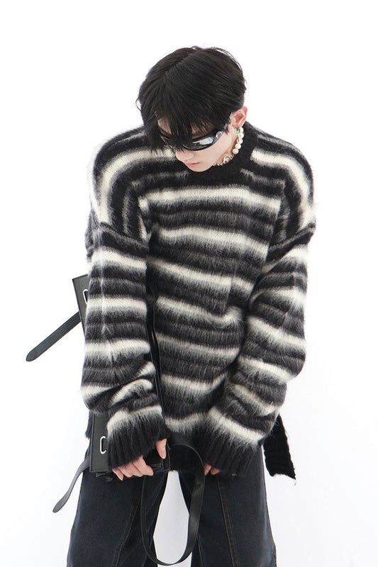 Striped Mohair Cable Knit Sweater