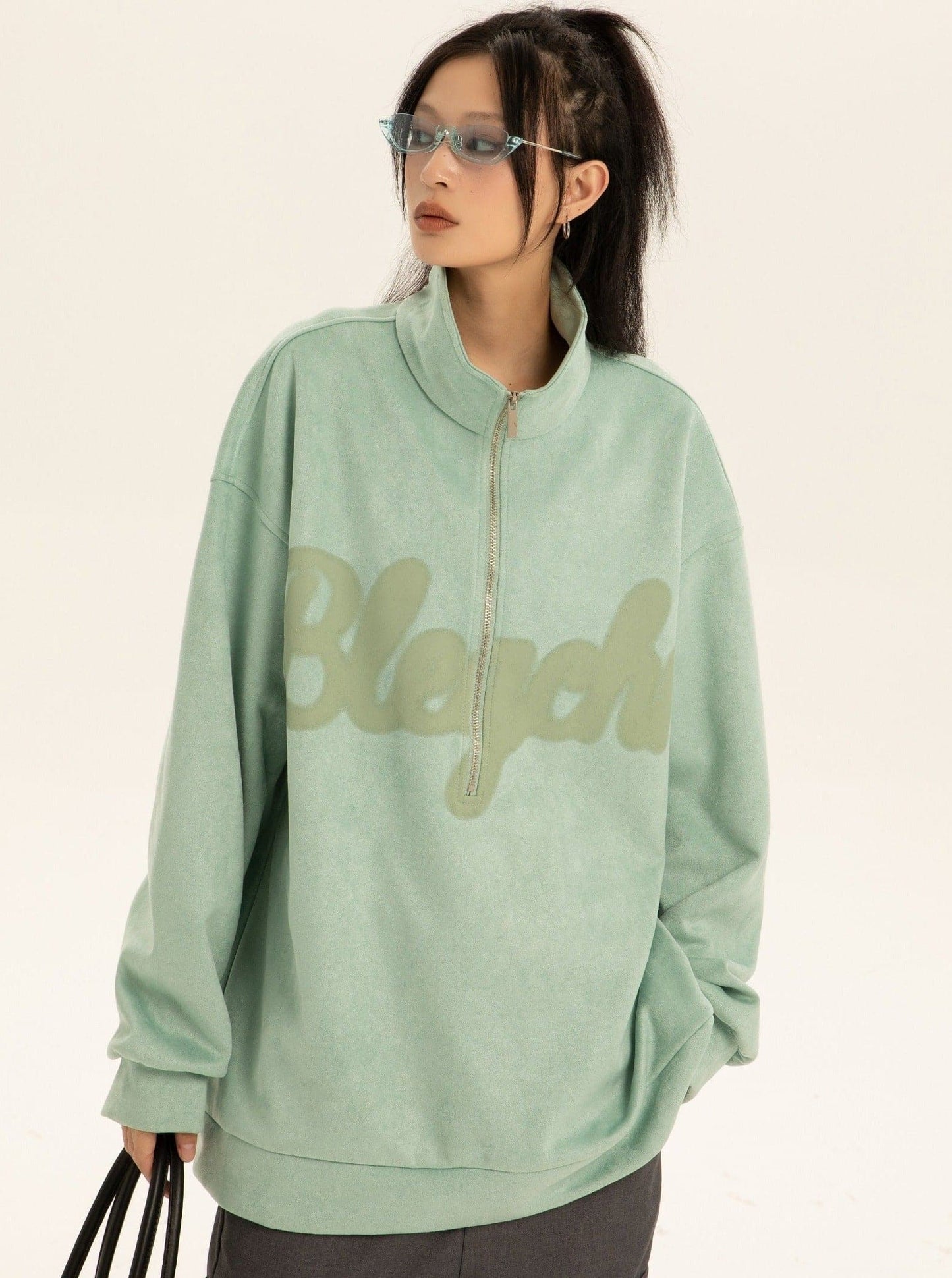Oversized Suede Sweatshirt With Zipper Polo Collar