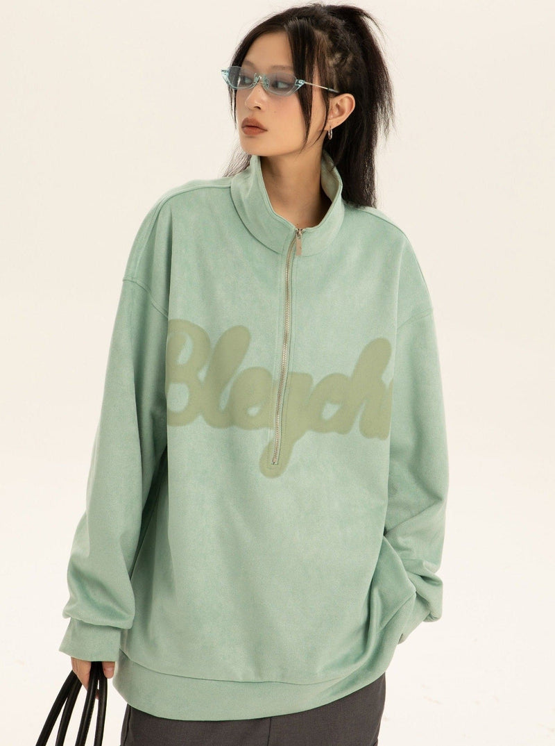 Oversized Suede Sweatshirt With Zipper Polo Collar