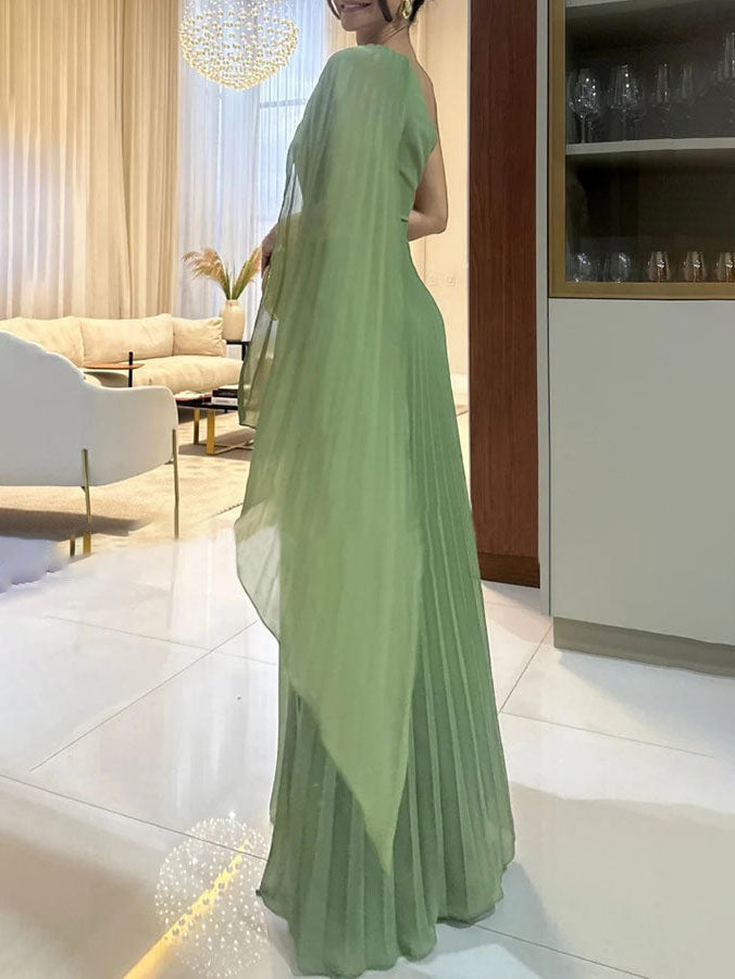 Flowing Pleated Off-the-shoulder Maxi Dress