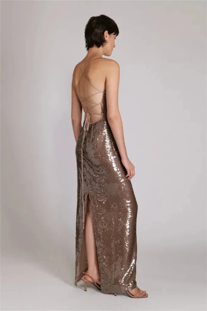 Square Collar Sequin Lace Up Tapered Waist Maxi Dress