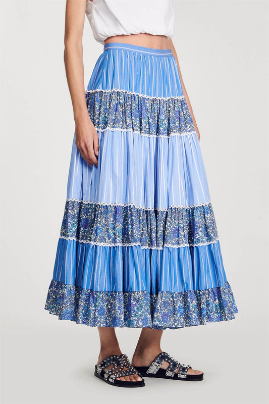 Mid Waist Stripe Lace Midi Skirt