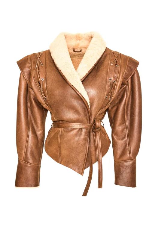Faux Fur Pu Leather Lace-up Coat