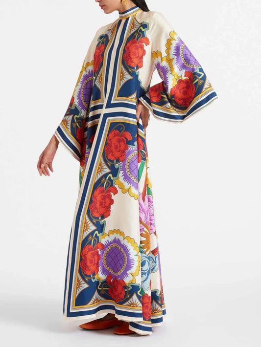 Exquisite Print Draped Waterfall Sleeves Maxi Dress