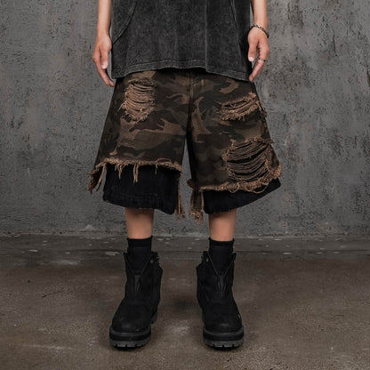 Double-layered Shredded Camo Shorts