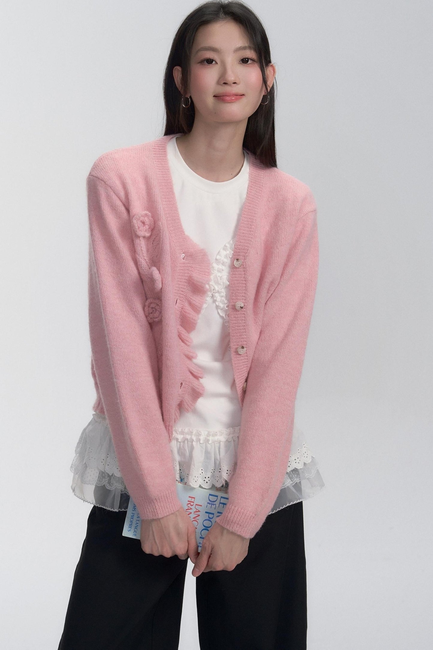 Ruffle Bow Lace Trim Sweater