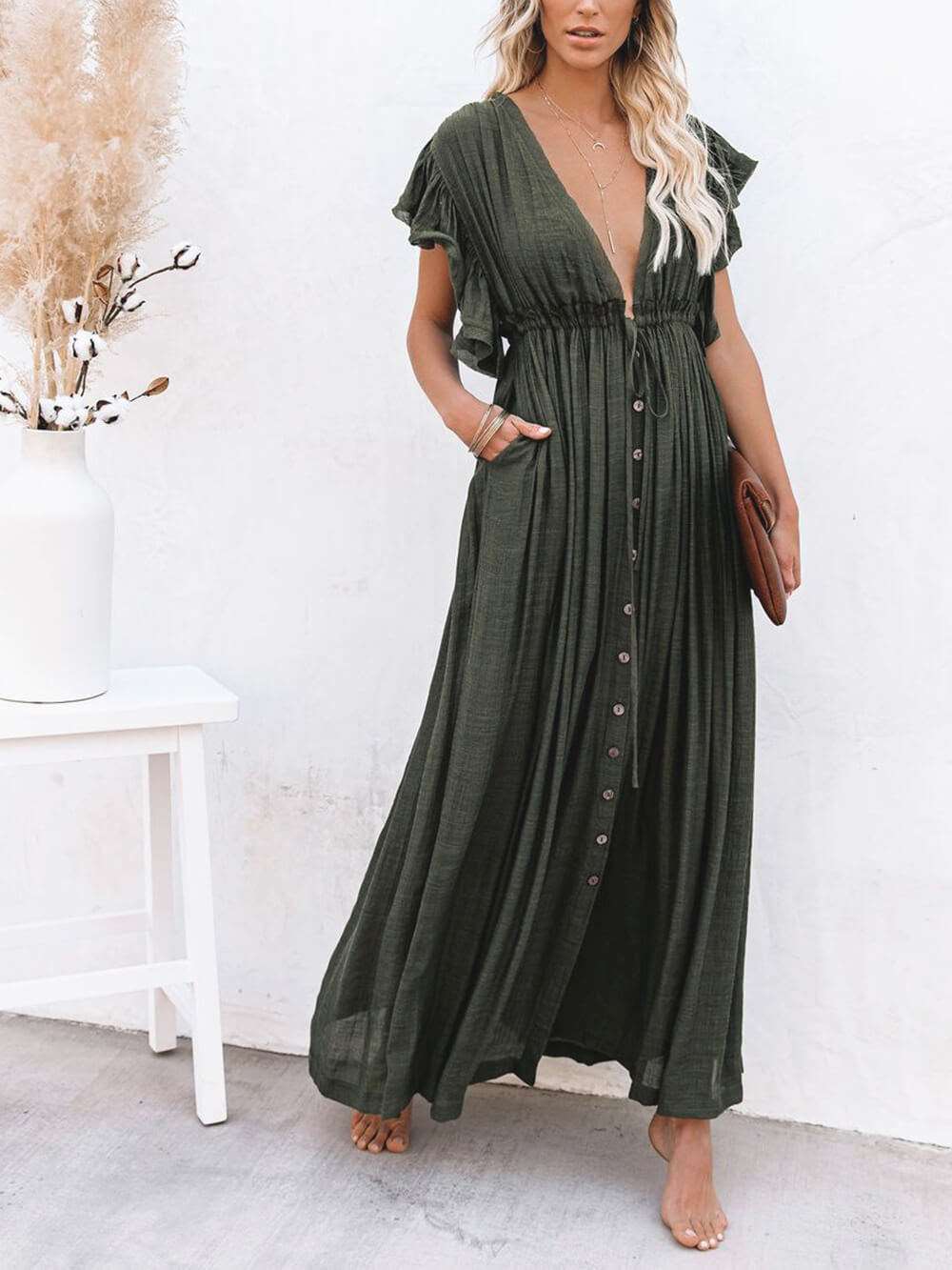 Button Cotton Linen Perfect Beach Maxi Dress