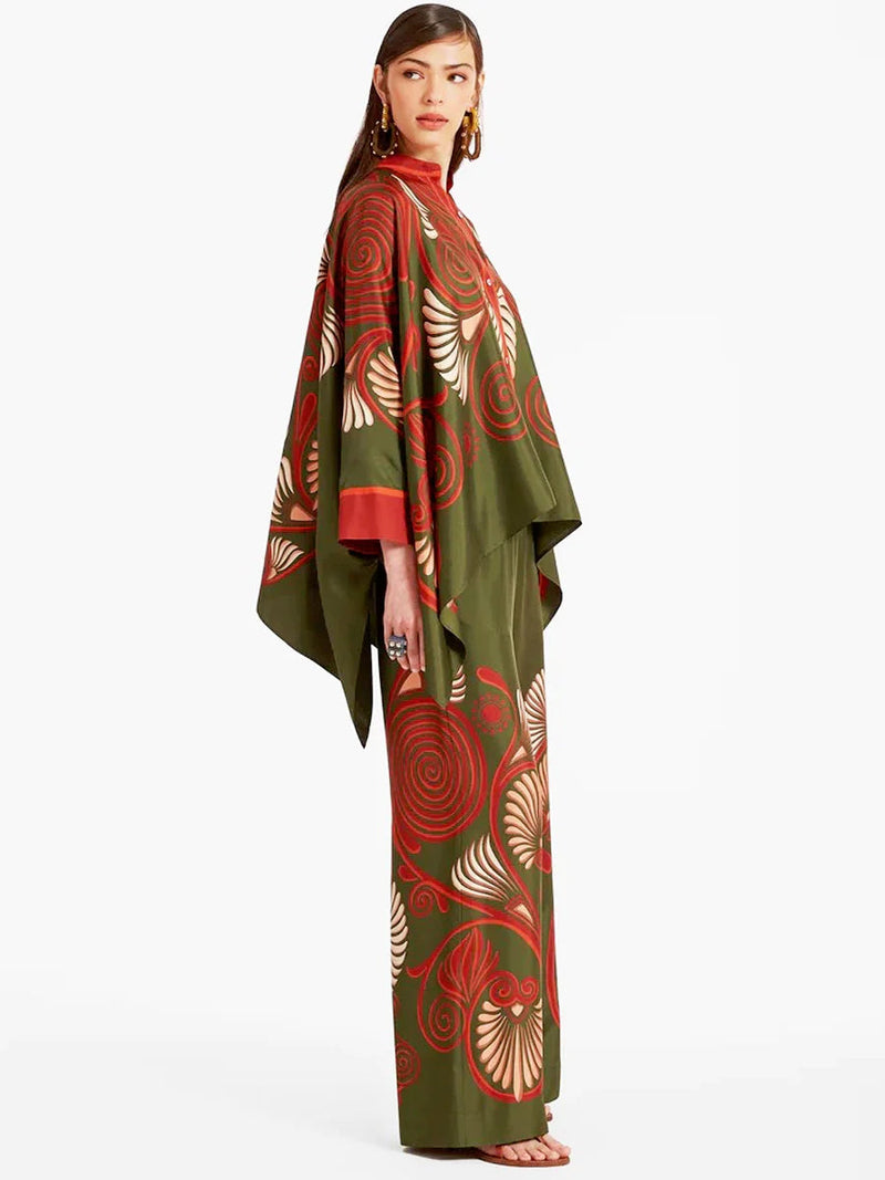 Fine Satin Print Batwing Sleeve Pants Set - Dark Green