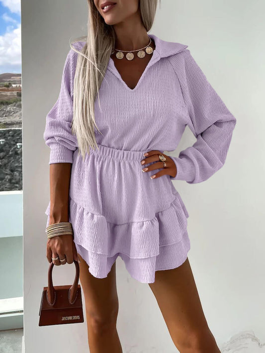 V-neck Shirt and Flared Skort Two-piece Set