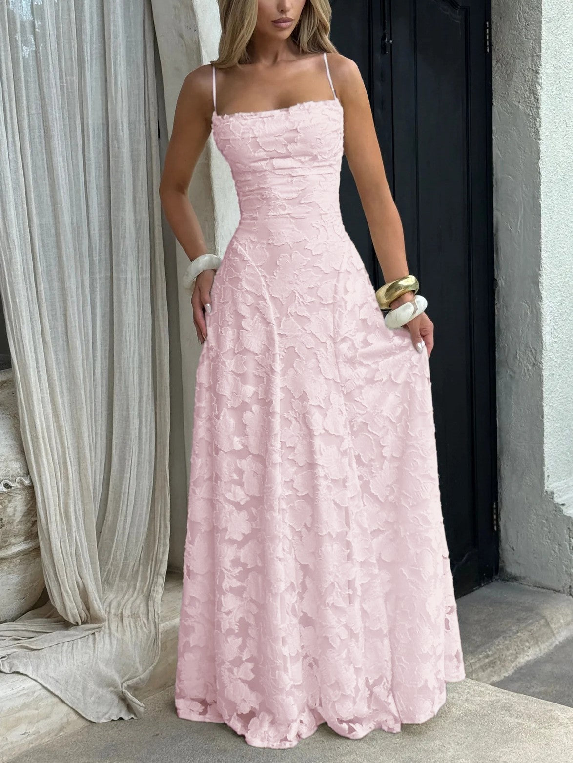 Thea - Textured Elegance Jacquard Maxi Dress