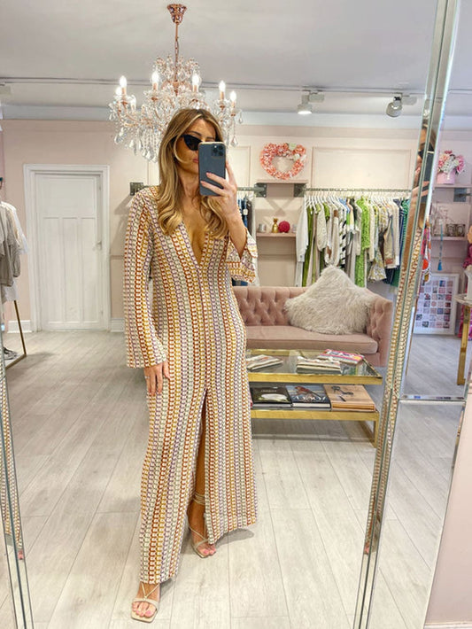 V Neck Bell Sleeve Wavy Striped Crochet Beach Vacation Maxi Dress - Pink