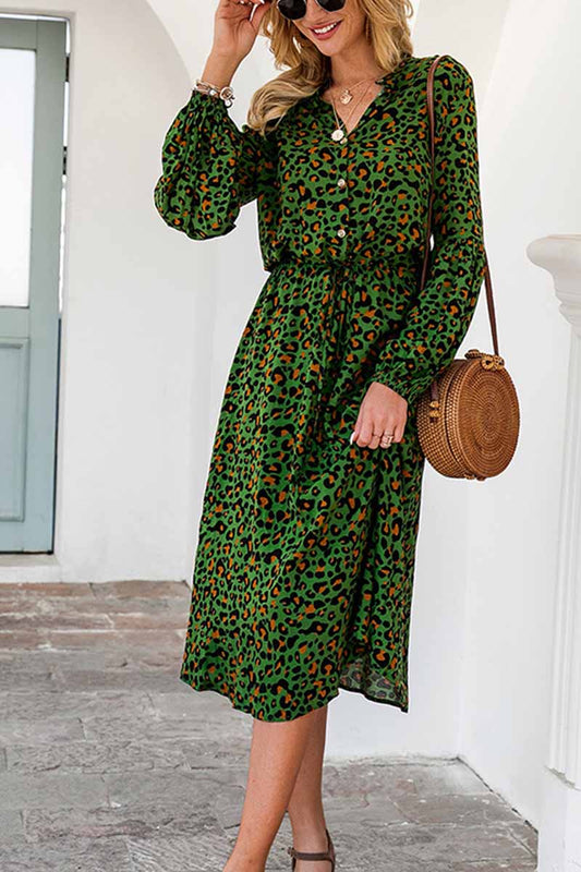 Leopard Print V-neck Midi Dress