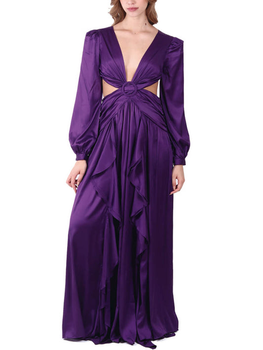 V-neck Waist Cutout Ruffle Maxi Dress