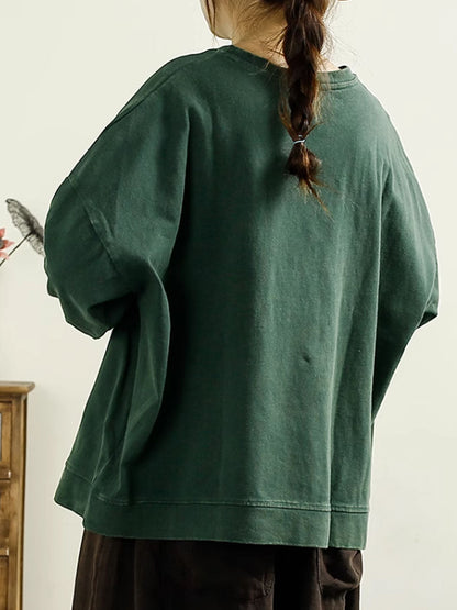 Autumn Flower O-neck Cotton Blouse At1002