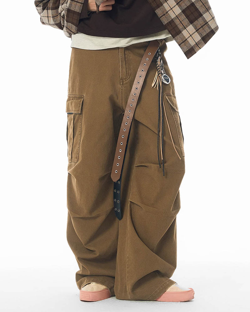 Washed Pleated Wide Leg Cargo Pants