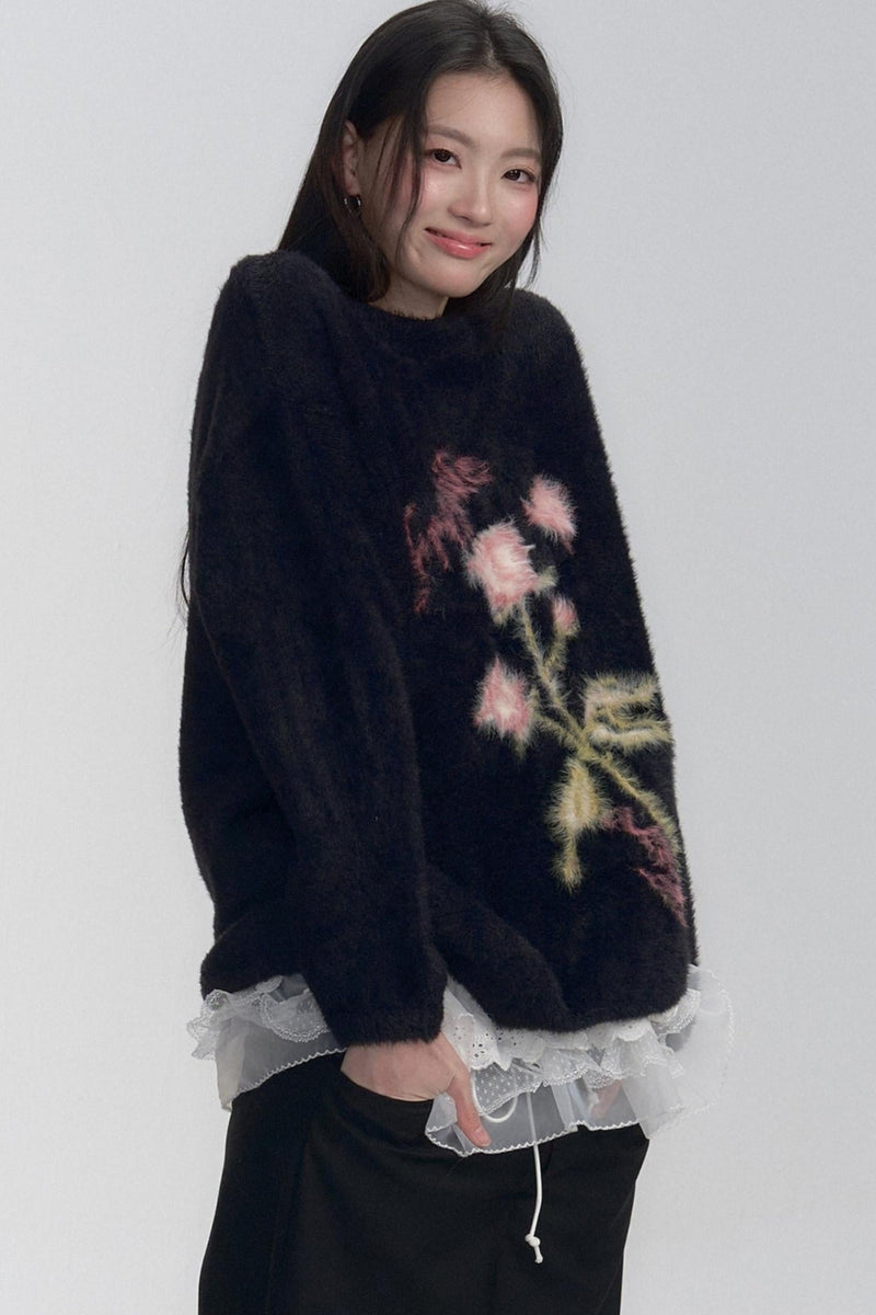 Embroidered Fuzzy Sweater