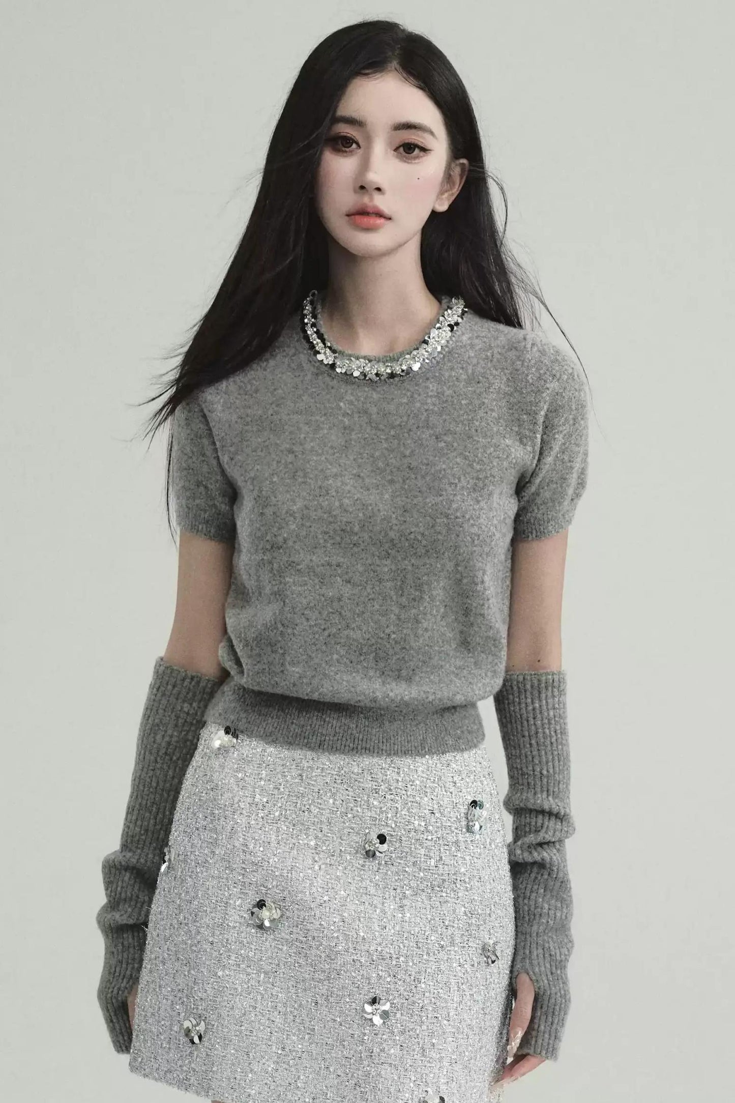 Layered Look: Pearl-trimmed Cropped Sweater With Detachable Arm Warmers