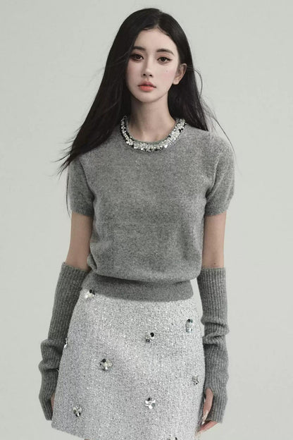 Layered Look: Pearl-trimmed Cropped Sweater With Detachable Arm Warmers