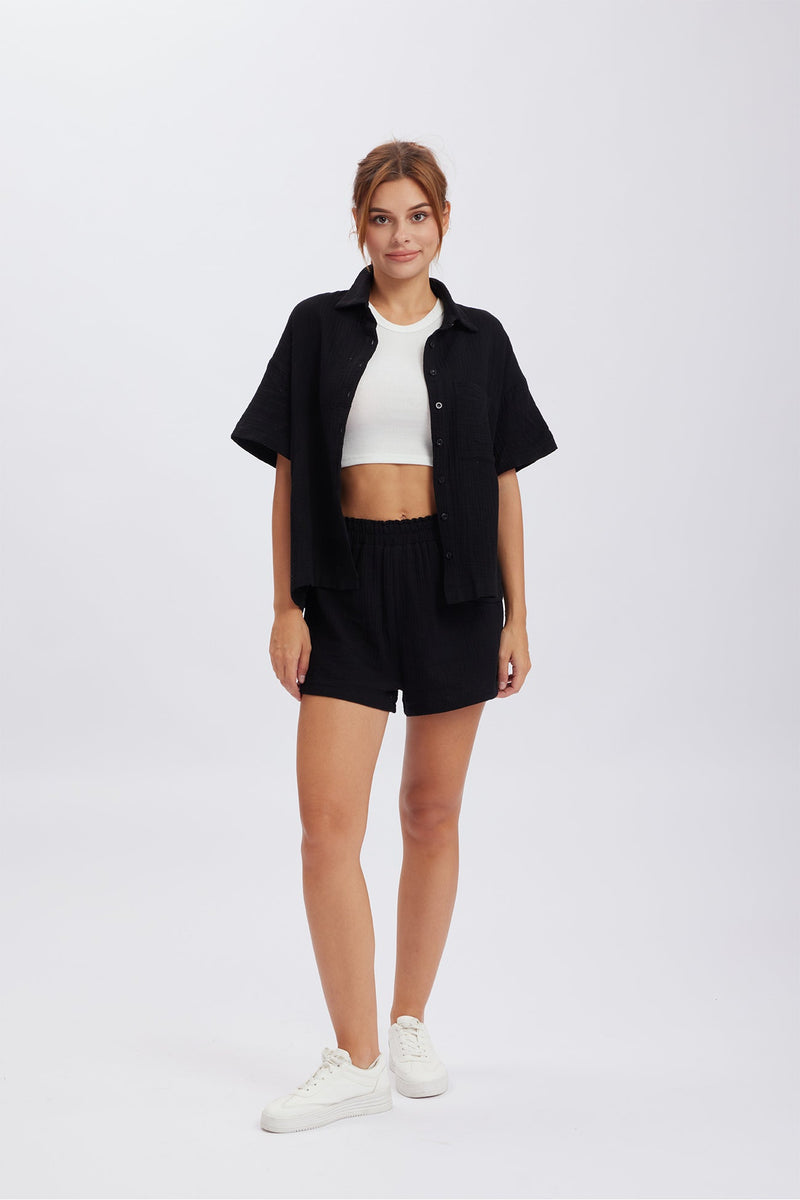 Color Short Sleeve Shirt Cotton Two-piece Shorts Set