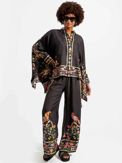Fine Satin Print Batwing Sleeve Pants Set - Black