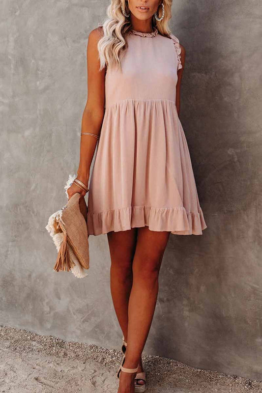 Color Ruffled Waist Mini Dress