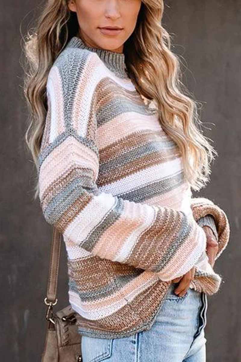 O-neck Stitching Striped Long-sleeved Sweater