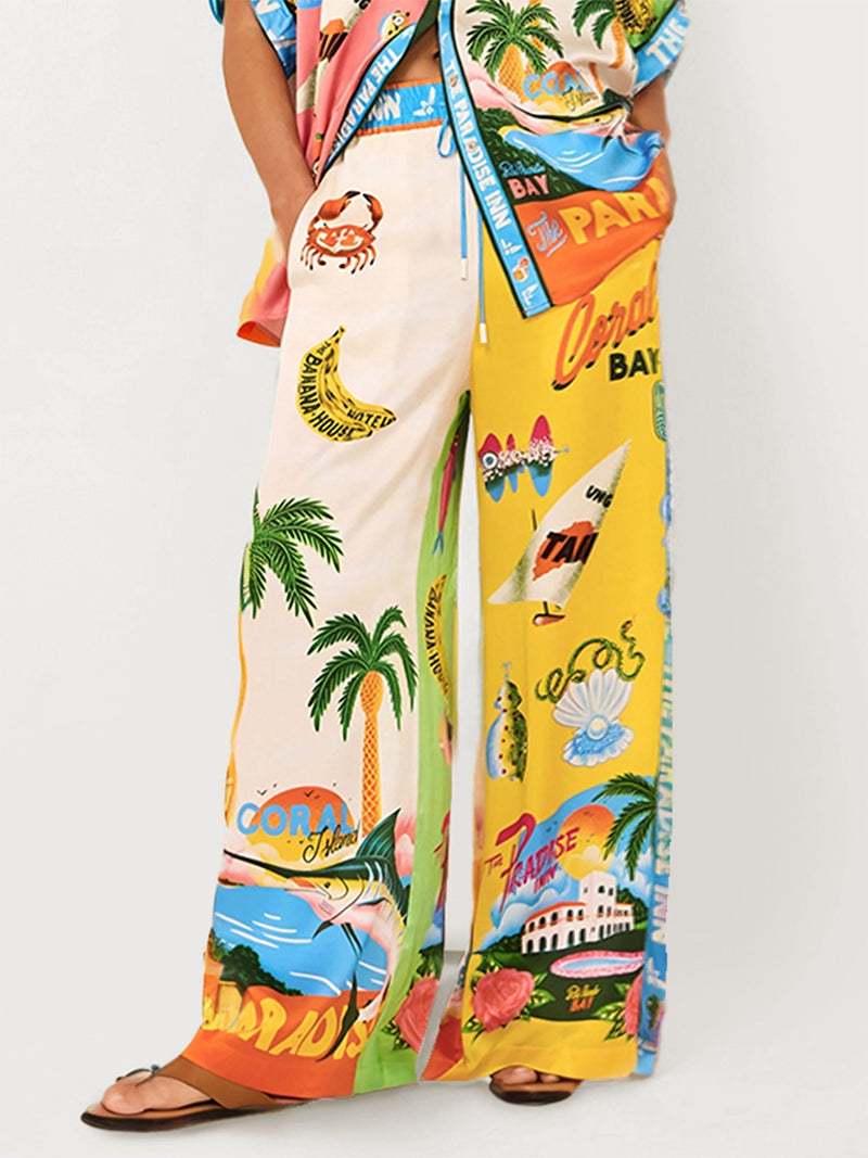 Sunset Beach Graphic Print Wide-leg Pants