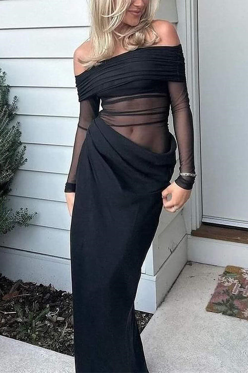 Off Shoulder Mesh Patchwork Ruched Maxi Dress