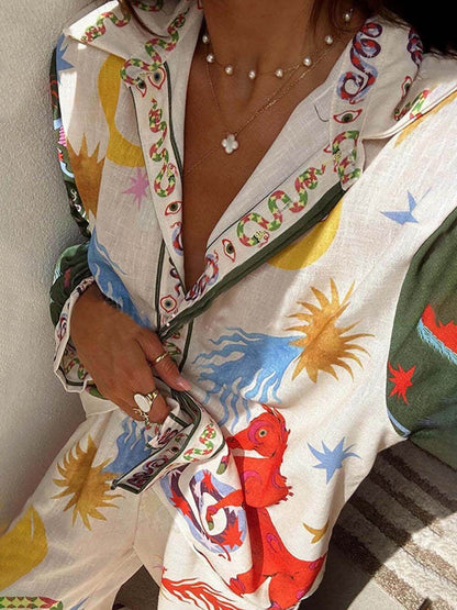 Beauty Unique Print Long Sleeve Shirt and Elastic Waist Pants Set