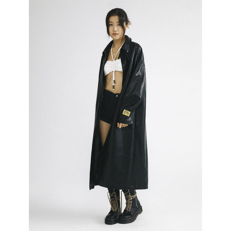 Black Leather Hooded Coat With Oversized Zipper