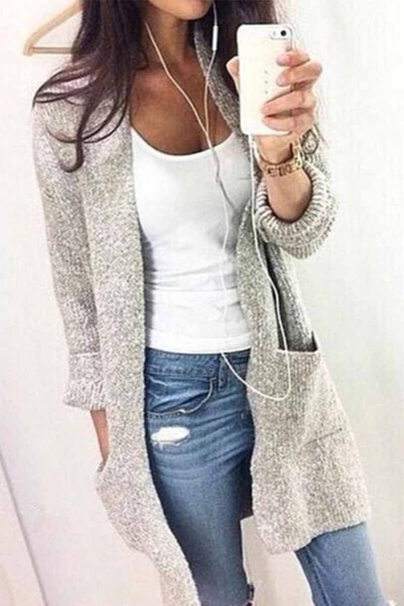 Color Knitted Cardigan With Large Pockets