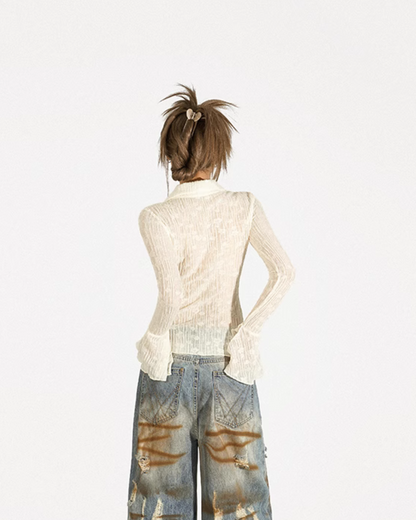 Nico Molly Lace-up Ribbed Cardigan - Ivory ()