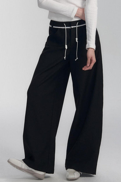 Drawstring Black Wide-leg Pants