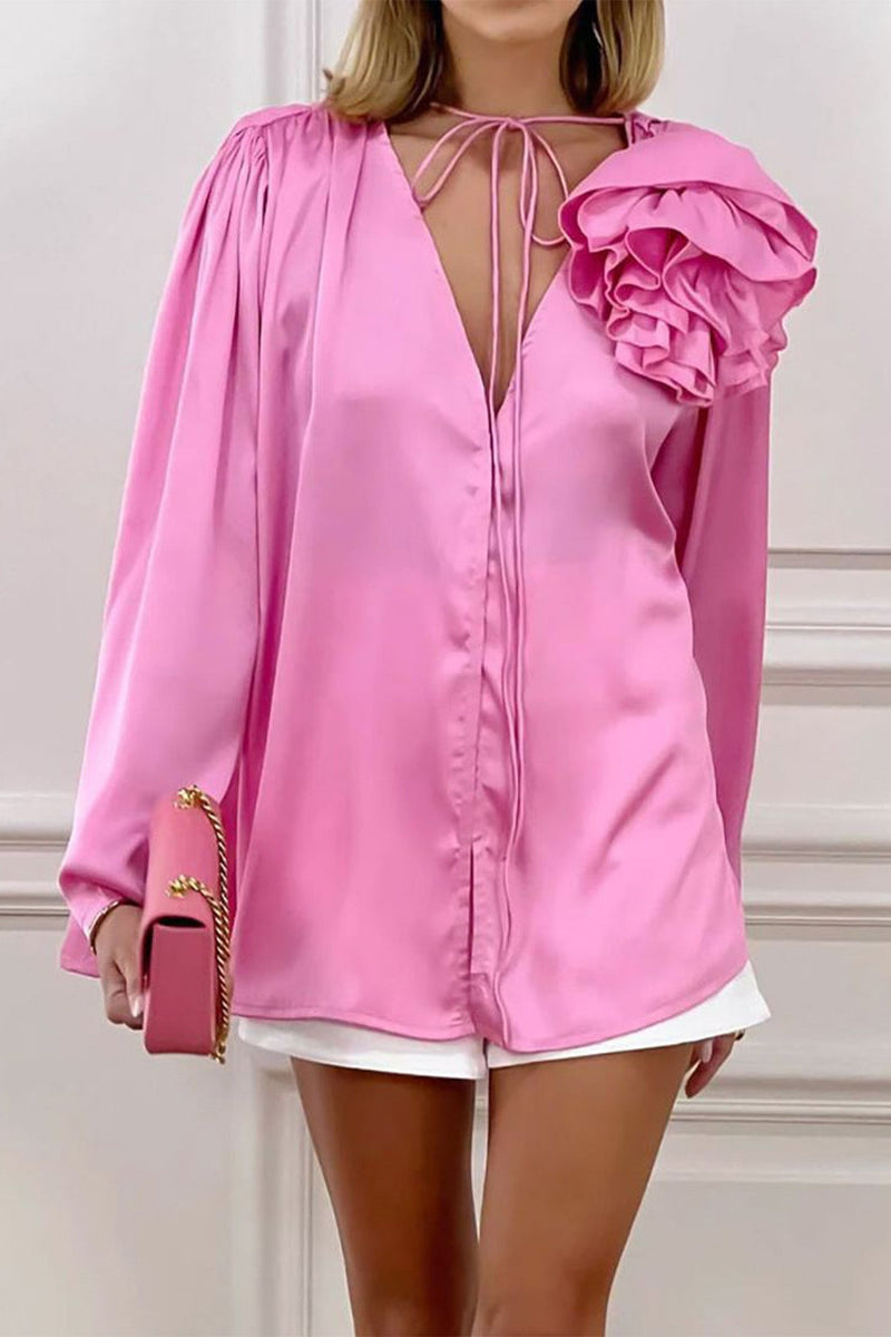 Pink V Neck Ruched Lace-up Blouse